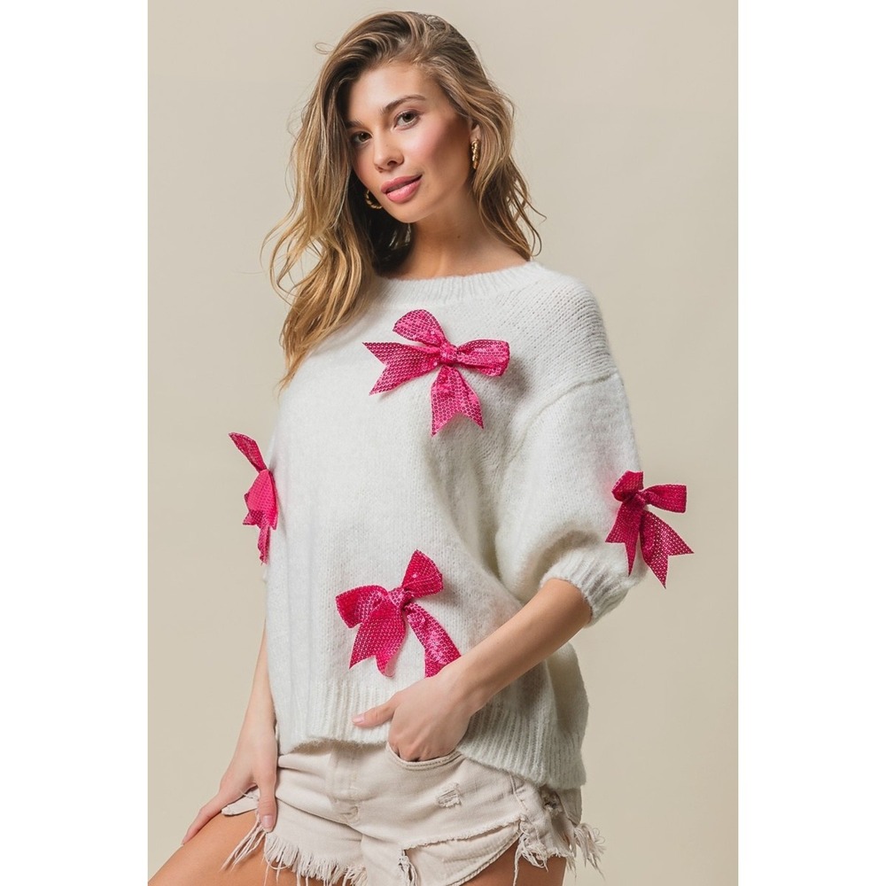 BiBi Sequin Bow Puff Sleeve Sweater - Small